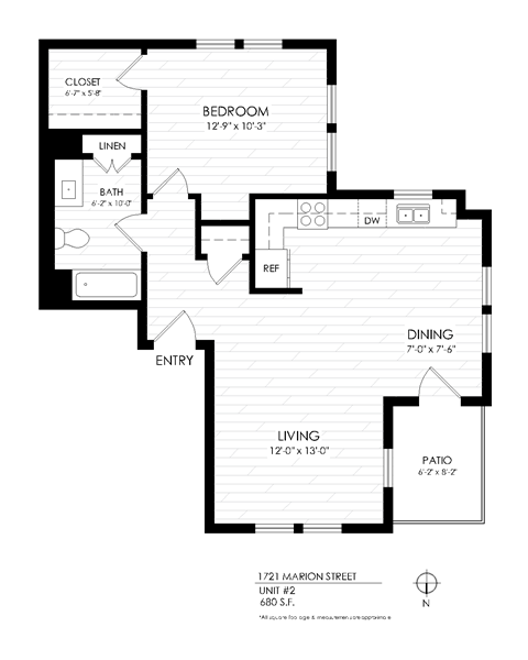 Floor plan for 1 bed, 1 bath, 680 sqft